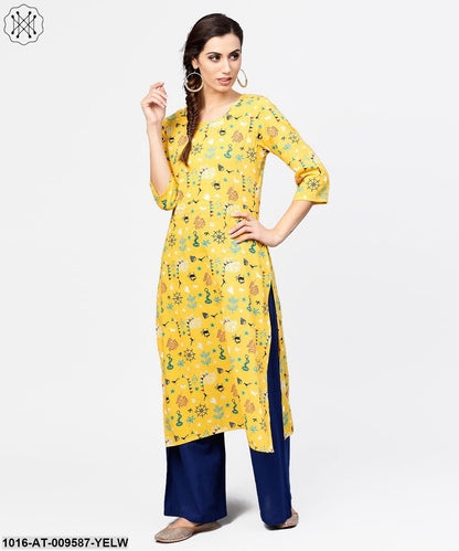 Yellow 3/4Th Sleeve Cotton Straight Kurta
