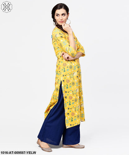 Yellow 3/4Th Sleeve Cotton Straight Kurta