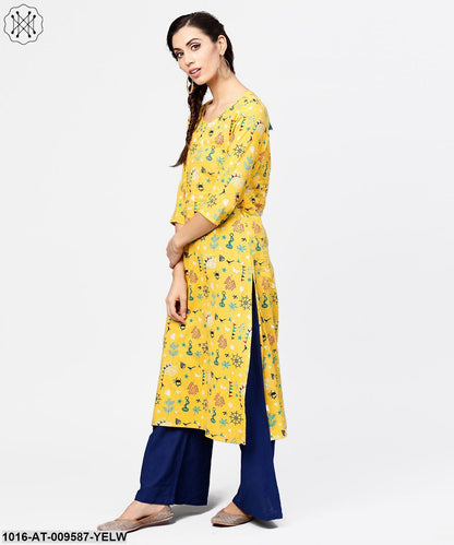 Yellow 3/4Th Sleeve Cotton Straight Kurta