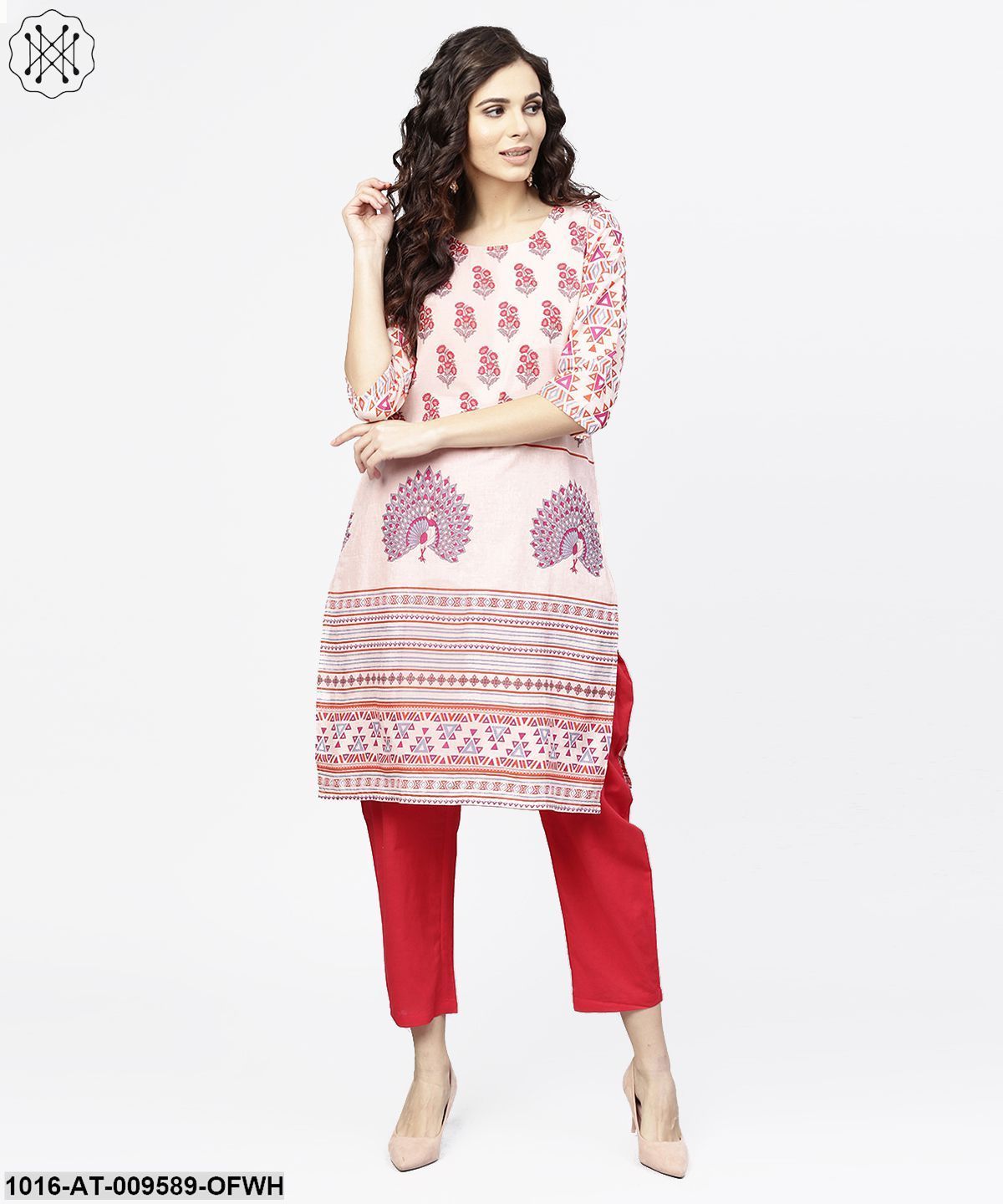 Off White Printed 3/4Th Sleeve Cotton Kurta