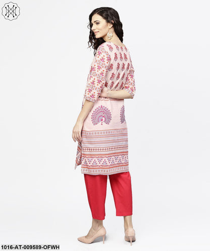 Off White Printed 3/4Th Sleeve Cotton Kurta