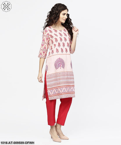 Off White Printed 3/4Th Sleeve Cotton Kurta