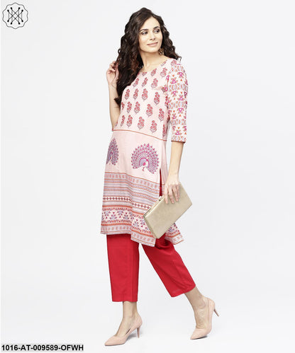 Off White Printed 3/4Th Sleeve Cotton Kurta