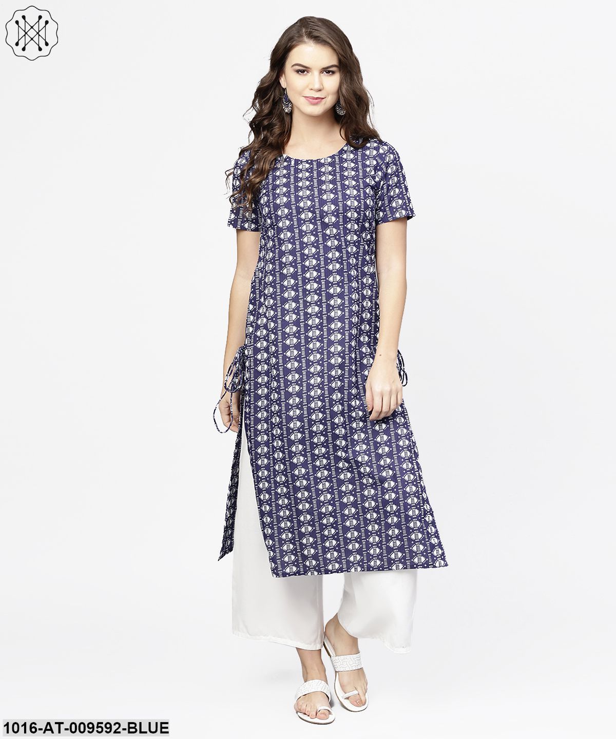 Blue Half Printed Straight Cotton Kurta With Dori Work