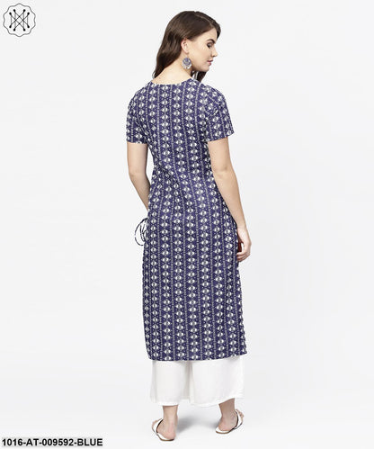 Blue Half Printed Straight Cotton Kurta With Dori Work
