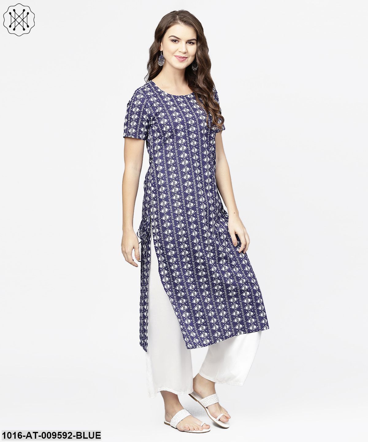 Blue Half Printed Straight Cotton Kurta With Dori Work