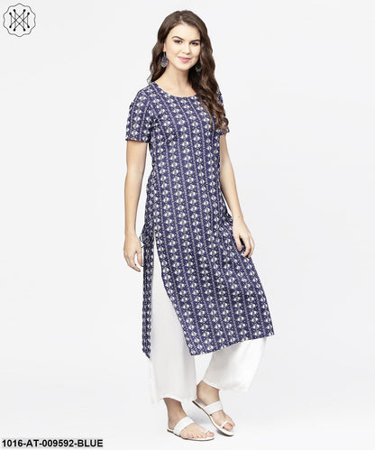 Blue Half Printed Straight Cotton Kurta With Dori Work