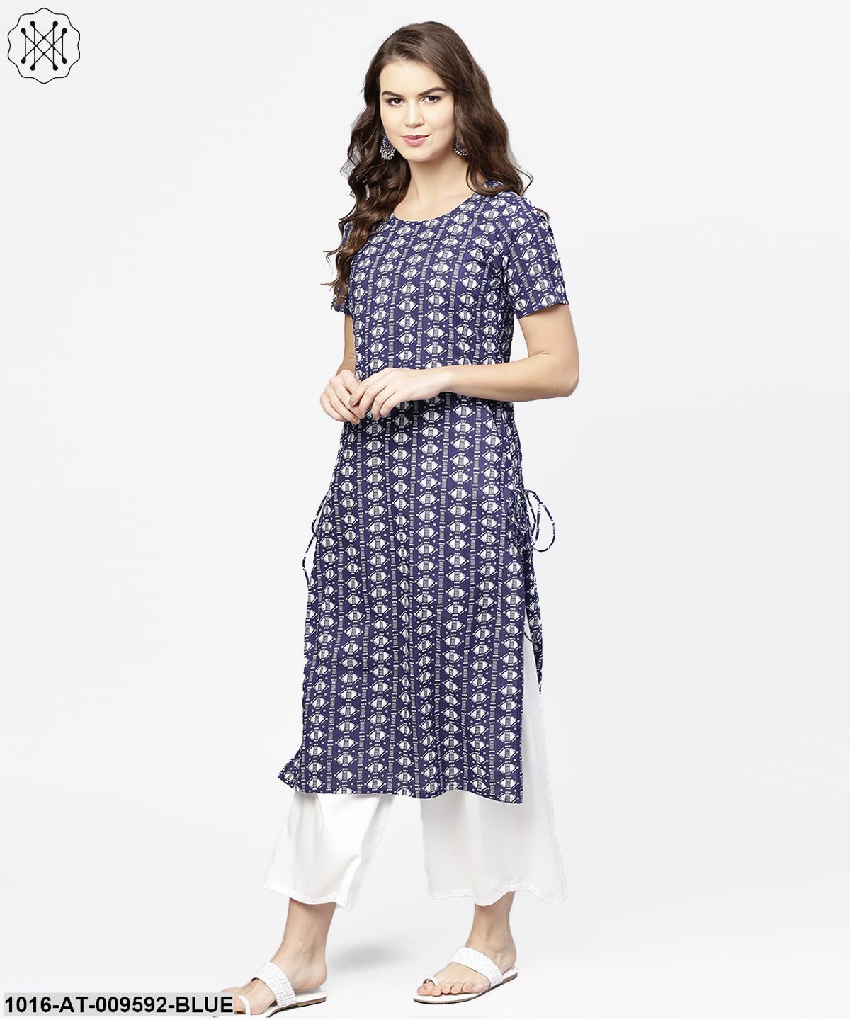 Blue Half Printed Straight Cotton Kurta With Dori Work
