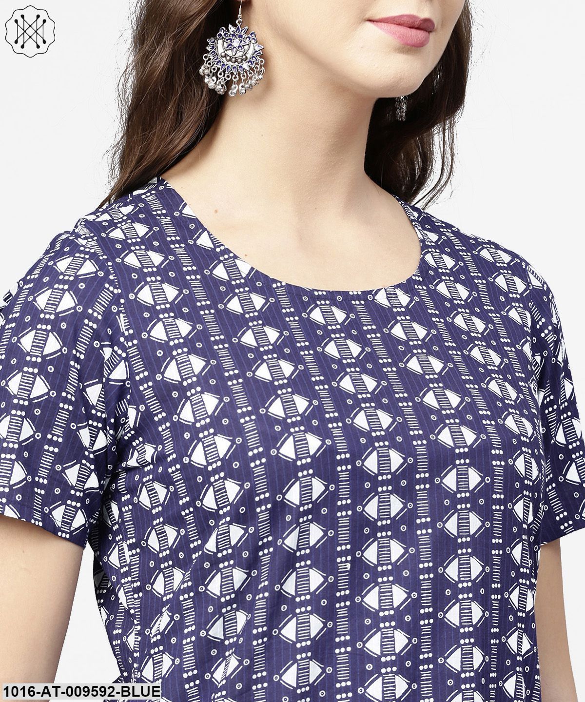 Blue Half Printed Straight Cotton Kurta With Dori Work