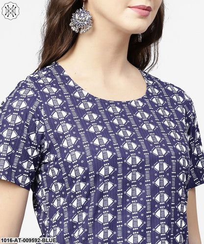 Blue Half Printed Straight Cotton Kurta With Dori Work