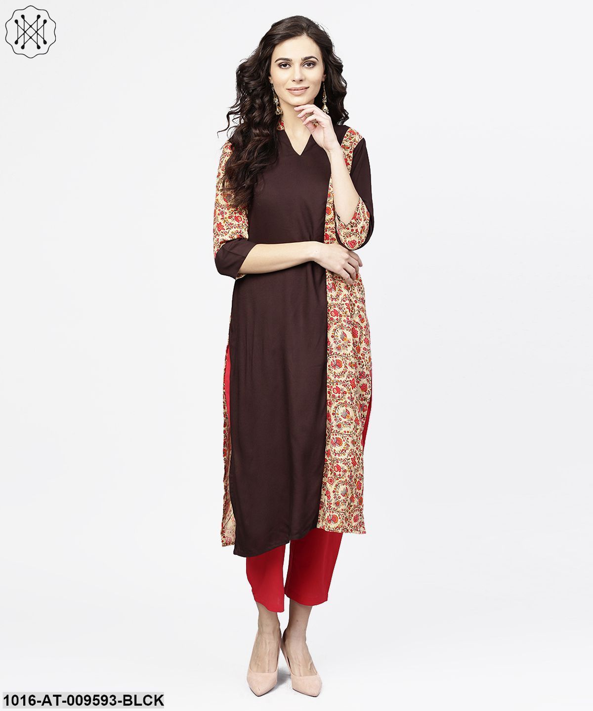 Black & Red Printed 3/4Th Sleeve Cotton Straight Kurta