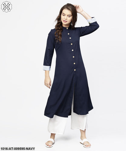 Navy Blue 3/4Th Sleeve Crepe A-Line Kurta With Button At Front