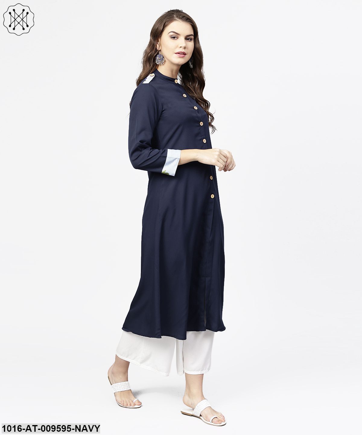 Navy Blue 3/4Th Sleeve Crepe A-Line Kurta With Button At Front