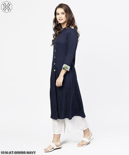 Navy Blue 3/4Th Sleeve Crepe A-Line Kurta With Button At Front