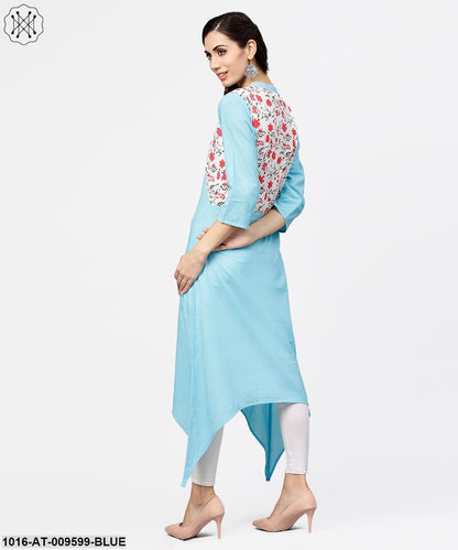 Blue 3/4Th Sleeve Cotton Floor Length Kurta