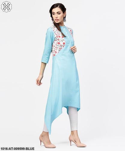 Blue 3/4Th Sleeve Cotton Floor Length Kurta