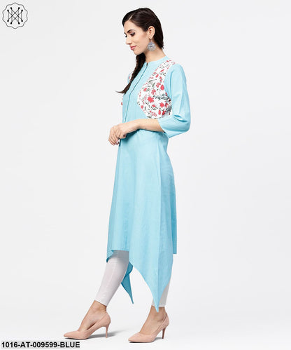 Blue 3/4Th Sleeve Cotton Floor Length Kurta