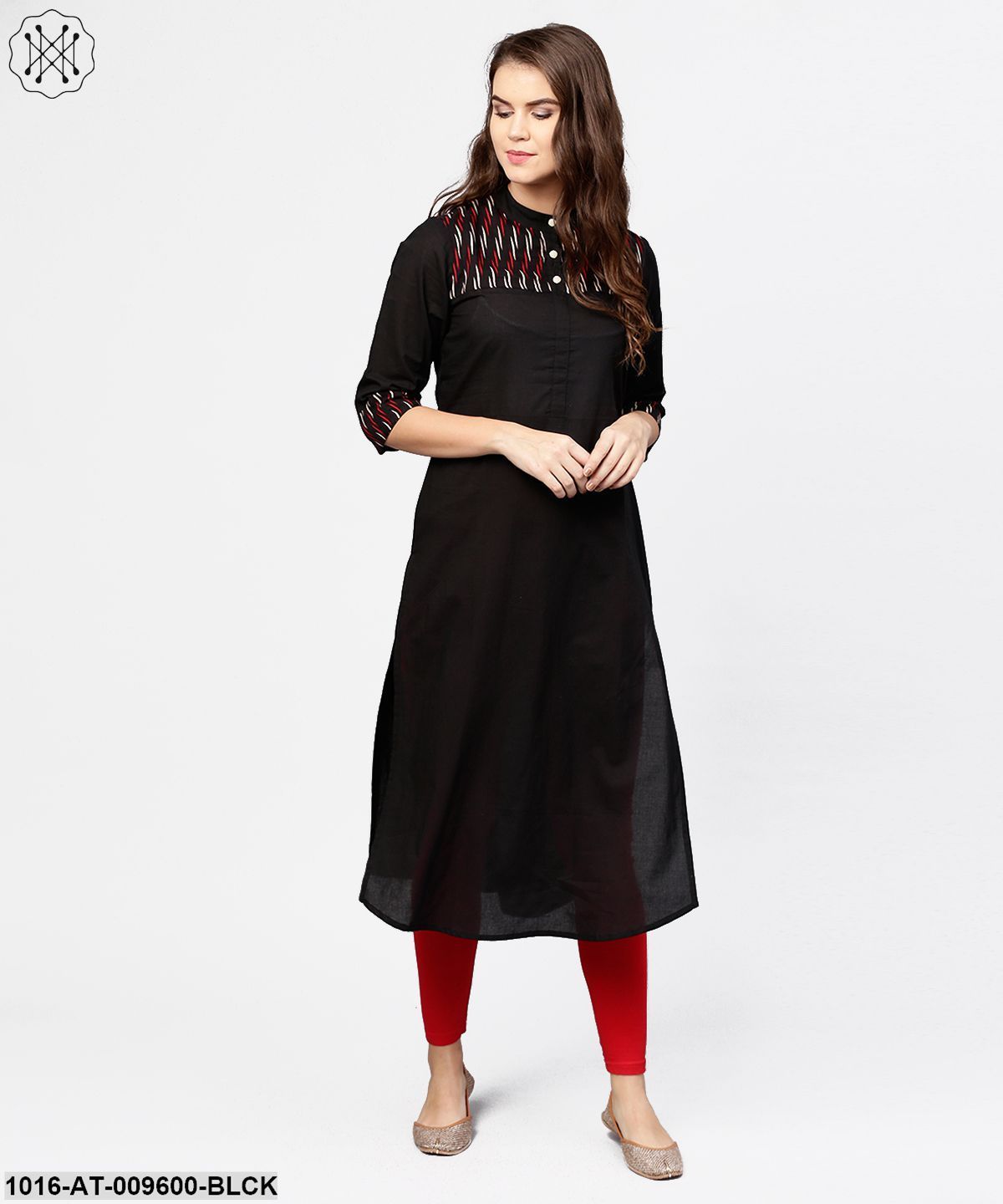 Black 3/4Th Sleeve Yoke Printed Straight Kurta