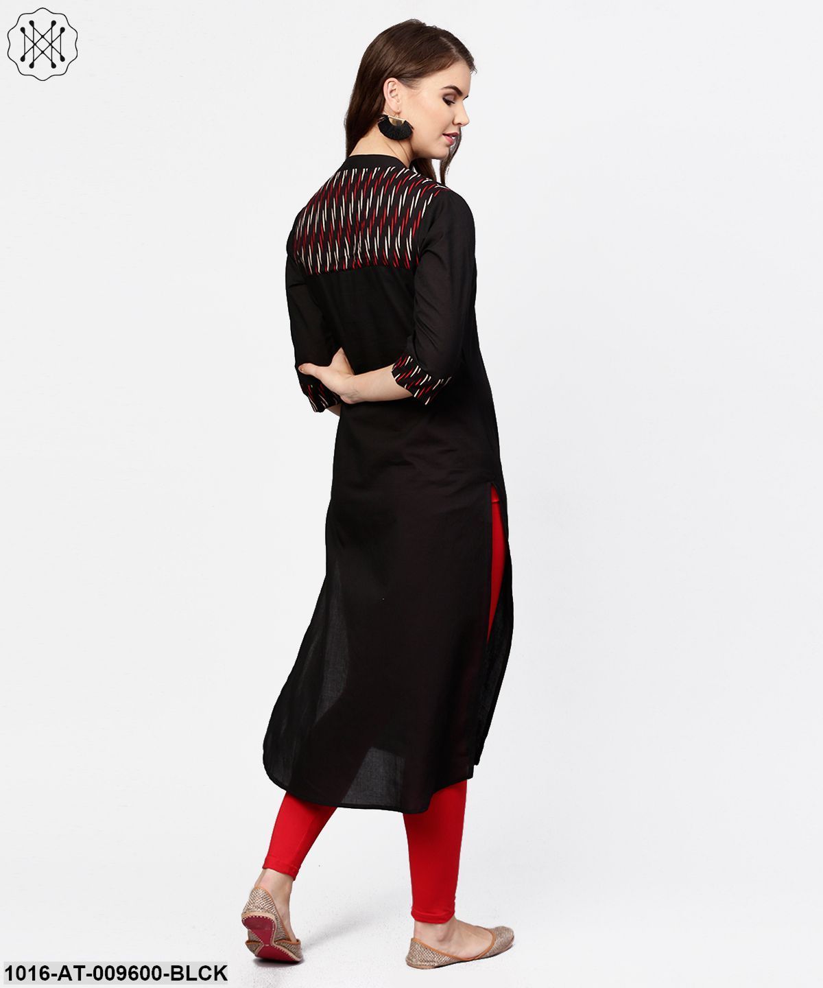 Black 3/4Th Sleeve Yoke Printed Straight Kurta