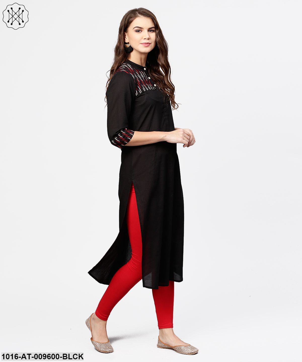 Black 3/4Th Sleeve Yoke Printed Straight Kurta