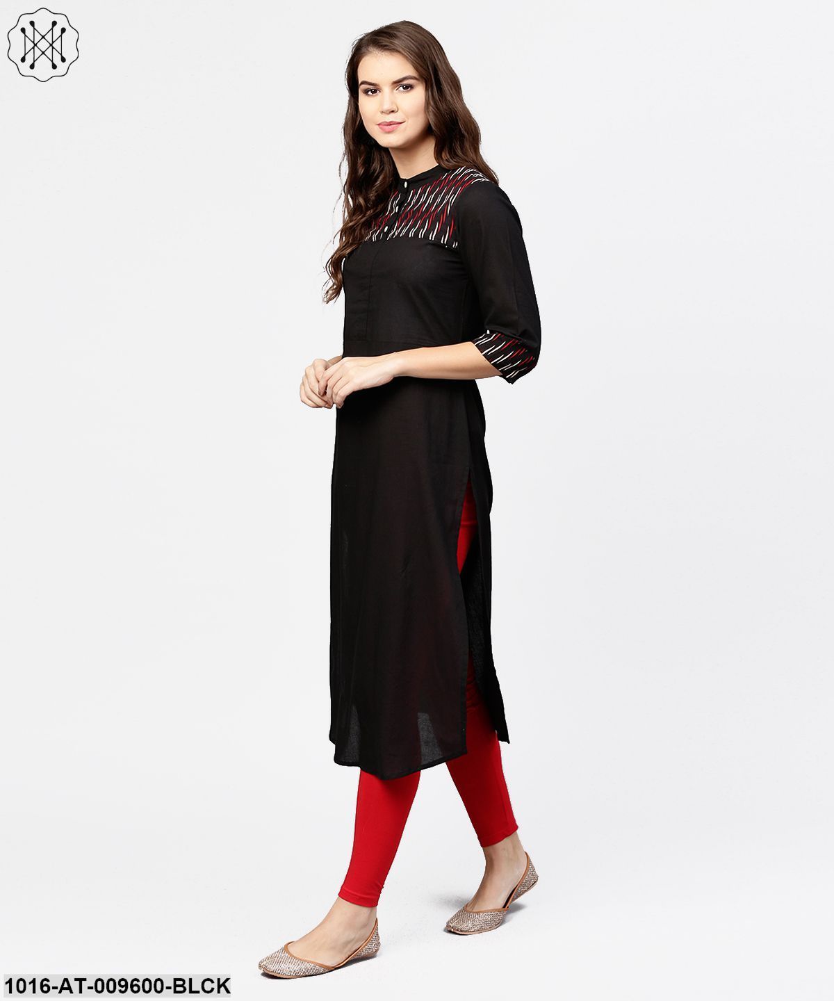 Black 3/4Th Sleeve Yoke Printed Straight Kurta