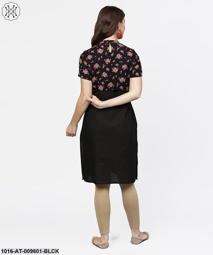 Black Sleeveless Cotton Kurta With Printed Half Sleeve Jacket