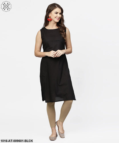 Black Sleeveless Cotton Kurta With Printed Half Sleeve Jacket
