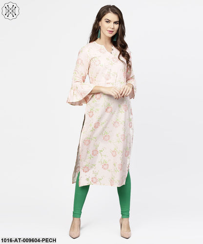 Peach 3/4Th Flared Sleeve Cotton Kurta