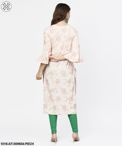 Peach 3/4Th Flared Sleeve Cotton Kurta