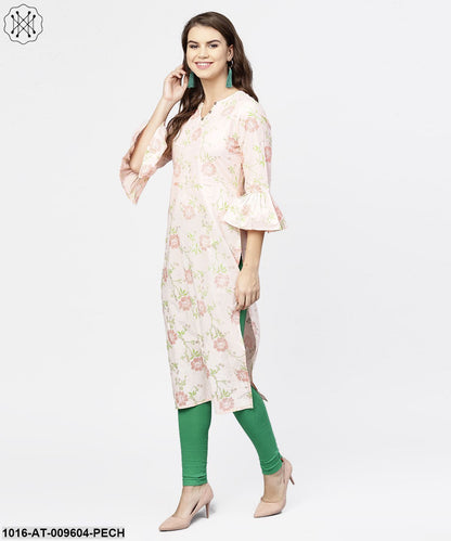 Peach 3/4Th Flared Sleeve Cotton Kurta