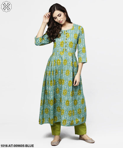 Blue 3/4Th Sleeve Cotton A-Line Kurta