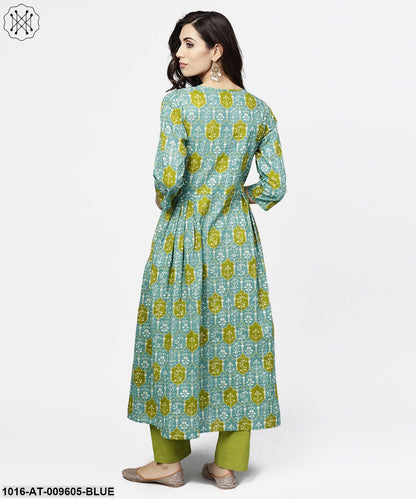Blue 3/4Th Sleeve Cotton A-Line Kurta