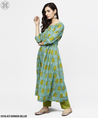 Blue 3/4Th Sleeve Cotton A-Line Kurta