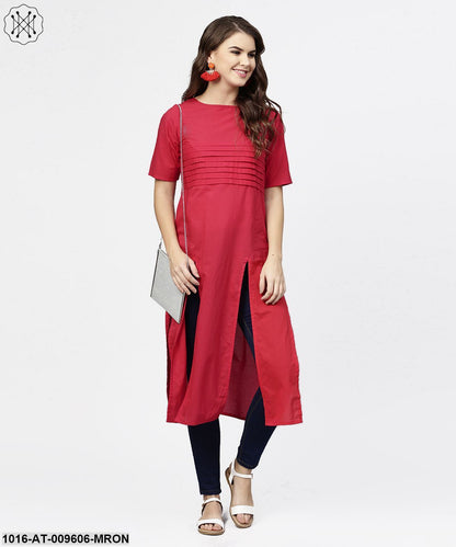 Maroon Half Sleeve Cotton Multi Slit Kurta
