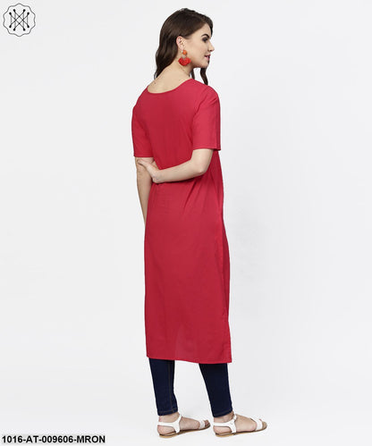 Maroon Half Sleeve Cotton Multi Slit Kurta