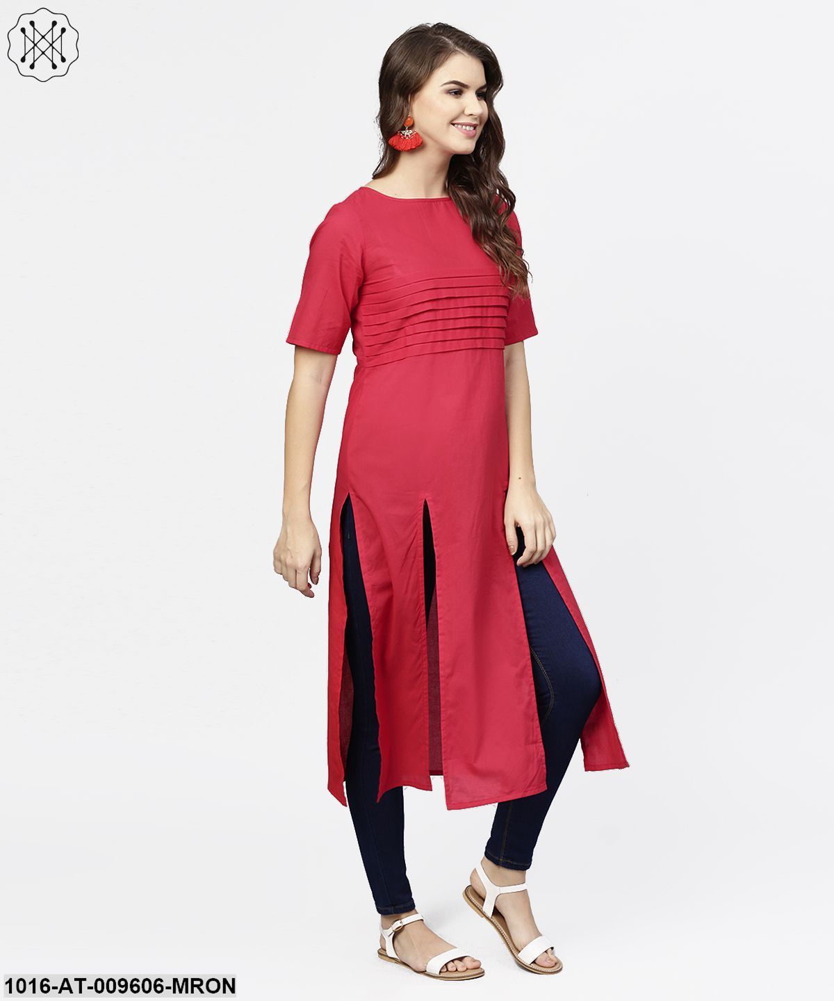 Maroon Half Sleeve Cotton Multi Slit Kurta