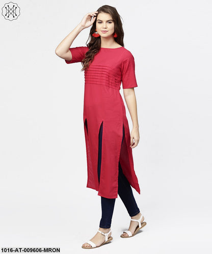 Maroon Half Sleeve Cotton Multi Slit Kurta