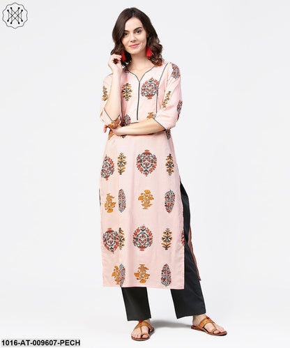 Peach Printed 3/4Th Sleeve Cotton Straight Kurta