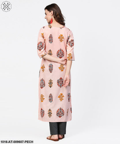 Peach Printed 3/4Th Sleeve Cotton Straight Kurta