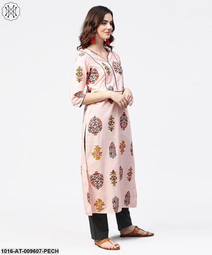 Peach Printed 3/4Th Sleeve Cotton Straight Kurta
