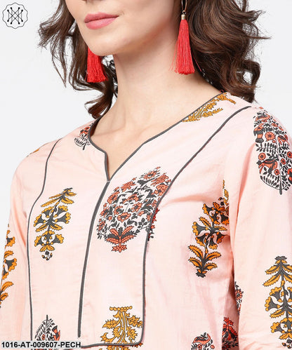 Peach Printed 3/4Th Sleeve Cotton Straight Kurta