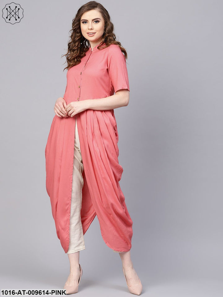 Pink Rayon Half Sleeves Cowl Kurta With Front Placket &amp; Madarin Collar
