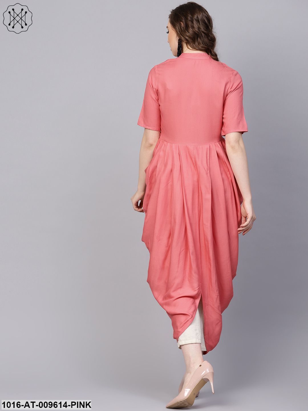 Pink Rayon Half Sleeves Cowl Kurta With Front Placket &amp; Madarin Collar
