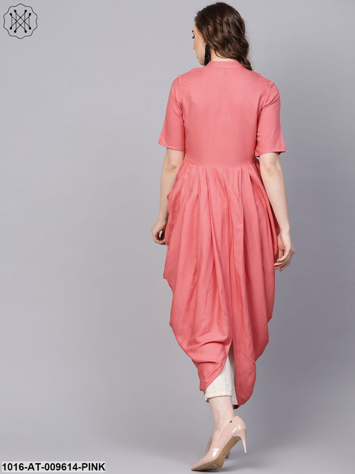 Pink Rayon Half Sleeves Cowl Kurta With Front Placket &amp; Madarin Collar