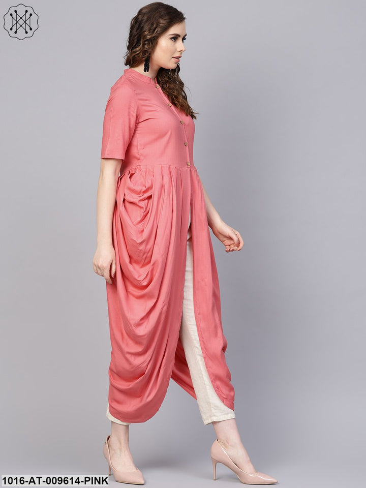 Pink Rayon Half Sleeves Cowl Kurta With Front Placket &amp; Madarin Collar