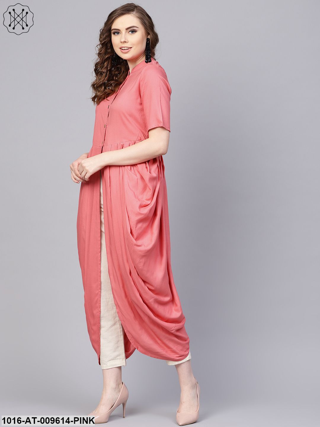 Pink Rayon Half Sleeves Cowl Kurta With Front Placket &amp; Madarin Collar