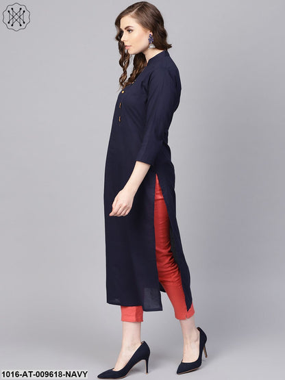 Navy Blue Kurta With Contrasting Detailed Placket With Madarin Collar