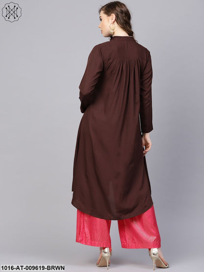 Chocolate Brown Kurta With Side Slit & Roll Colllar