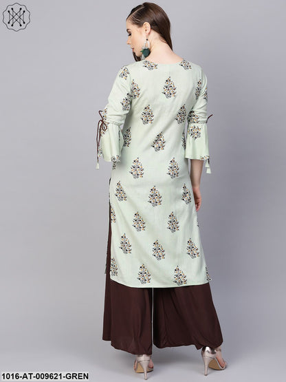 Pista Green Floral Printed Kurta With A Front Keyhole And Flared Sleeves