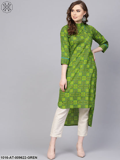 Green Geometric Printed With Closed Collar And Side Placket